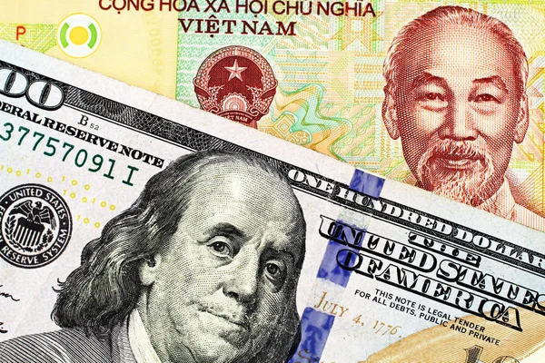Macro Image Vietnamese Ten Thousand Dong Note American One Hundred — Stock Photo, Image