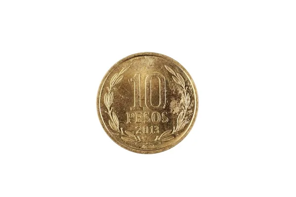 Egy Makró Képe Egy Arany Chilei Tíz Peso Érme Elszigetelt — Stock Fotó