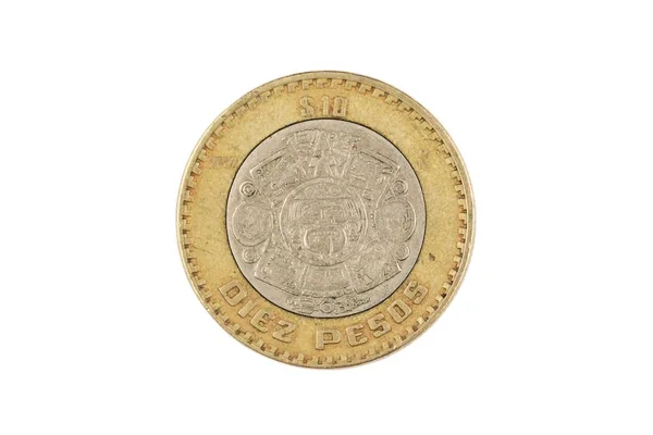 Egy Makró Képe Bimettalic Tíz Mexikói Peso Érme Elszigetelt Fehér — Stock Fotó