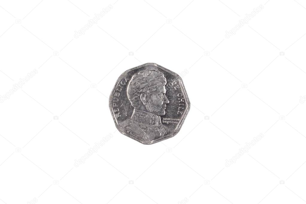A macro image of a silver one Chilean peso coin isolated on a white background