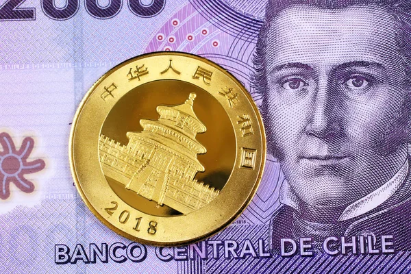 Billet Chilien Violet Deux Mille Pesos Avec Une Pièce Chinoise — Photo