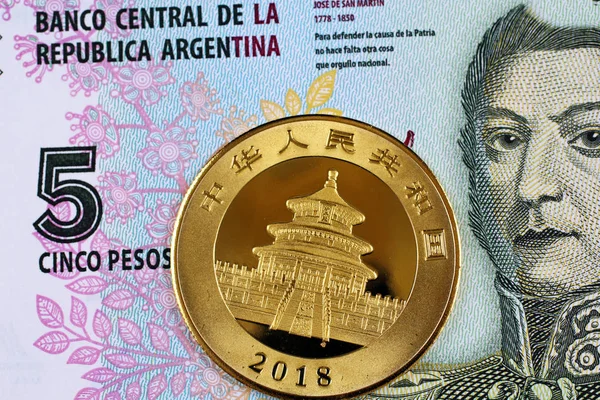 Een Chinese Een Ounce Gouden Munt Met Een Argentijnse Vijf — Stockfoto