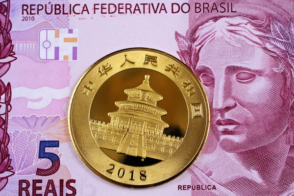 Een Paarse Braziliaans Vijf Reais Bankbiljet Met Een Een Ounce — Stockfoto