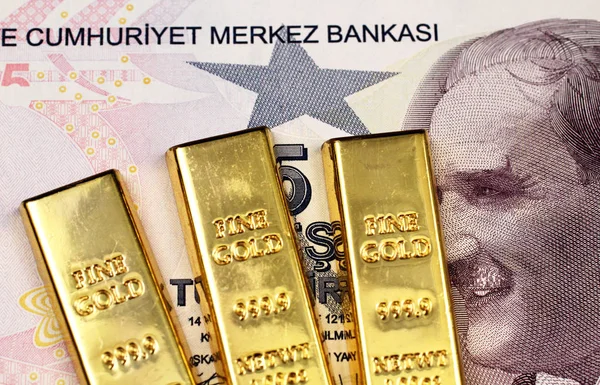 Purple Five Turkish Lira Bank Note Macro Three Small Gold — Stock Photo, Image