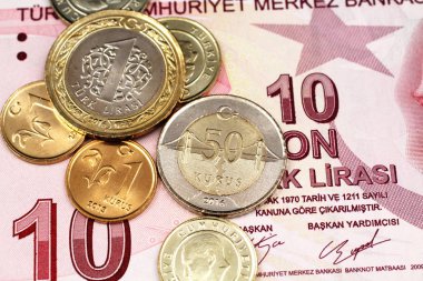 Bir görüntüyü bir ürün yelpazesine sahip Türk sikke yakın çekim bir kırmızı, on Türk Lirası banknot