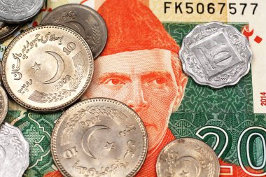 Bir yirmi Pakistan Rupisi banknot Pakistan'dan çeşitli demir yığını görüntüsünü yakından