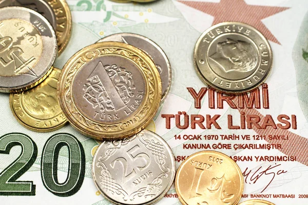 Ein Makrobild Eines Sortiments Türkischer Münzen Aus Nächster Nähe Auf — Stockfoto