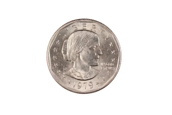 一个孤立的苏珊 安东尼一美元硬币在白色背景的特写图片 — 图库照片