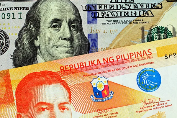 Close Image Orange Filipino Twenty Peso Note American Blue One — Stock Photo, Image