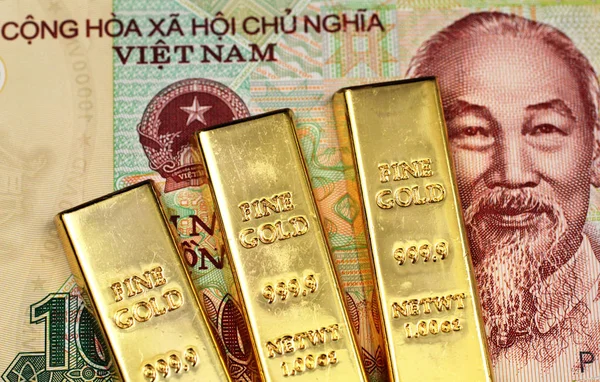 Макрос Зображення Єтнамських Десять Тисяч Донг Банкноти Трьох Невеликих Золоті — стокове фото