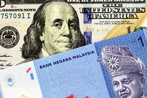 Blue One Ringgit Bank Note Malaysia American One Hundred Dollar — Stock Photo, Image