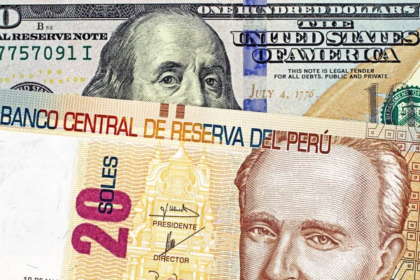 Obrázek Barevného Obrazu Pestré Peruánské Bankovky Dvaceti Sol Modrou Americkou — Stock fotografie