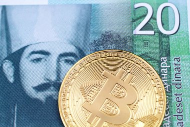 Makro yeşil yirmi Sırp dinarı banka notu ile altın bir fiziksel Bitcoin yakın bir görüntü