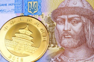 Makro Ukranian bir Grivnası banka notu ile Bir Çin altın panda sikke yakın bir görüntü