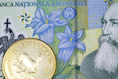 Makro renkli bir Romen bir leu banka notu ile altın bir krugerrand yakın bir görüntü