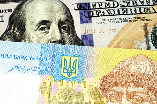 Billete Azul Amarillo Hryvnia Ucrania Con Billete Azul Cien Dólares — Foto de Stock