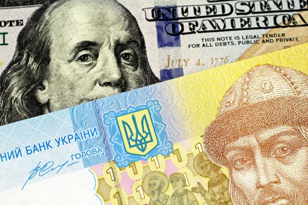 Billete Azul Amarillo Hryvnia Ucrania Con Billete Azul Cien Dólares — Foto de Stock