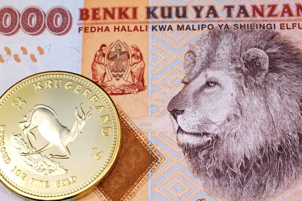 Bir turuncu yakın görüntü, Tanzanya iki bin şilin notu ile parlak, altın Güney Afrika krugerrand altın sikke makro