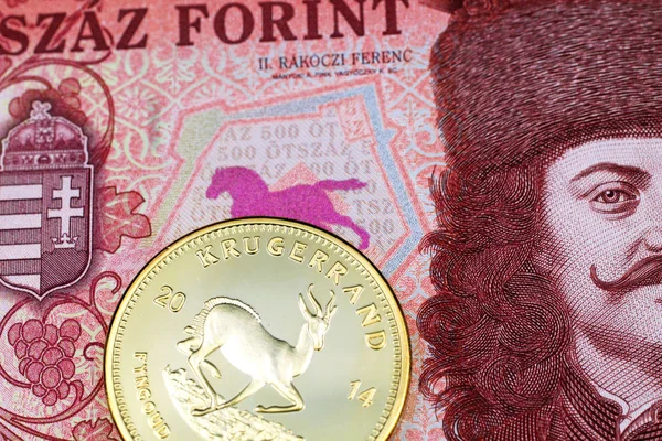 Makro bir altın Güney Afrika krugerrand ile kırmızı bir Macar beş yüz forint banka notu yakın bir görüntü