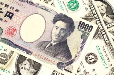 Bir bin Japon yeni banka notu Amerikan bir dolar banknotlar ile makro yakın