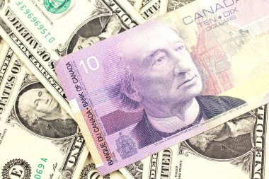 Amerikan bir dolar banknotların bir arka plan üzerinde mor bir Kanada on dolarlık banknot makro görüntü yakın