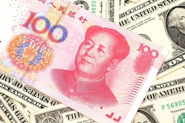 Rudá 100 Čínská Banka Jüanu Blízkým Makru Jedním Americkým Dolarovým — Stock fotografie