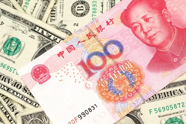Ένα Κόκκινο 100 Κινεζικό Γιουάν Τράπεζα Σημείωμα Κοντά Μακρο Αμερικανικά — Φωτογραφία Αρχείου