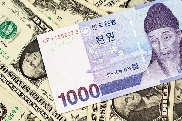 Niebieski Południowokoreański 1000 Wygrał Notatkę Banku Bliska Makro Tle Amerykańskich — Zdjęcie stockowe