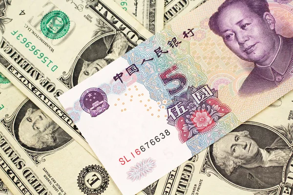 Purple Five Chinese Yuan Bank Note Close Macro American One — Stock Photo, Image