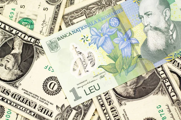 美国一美元钞票背景上绿色罗马尼亚一列列伊银行纸币的特写图像 — 图库照片
