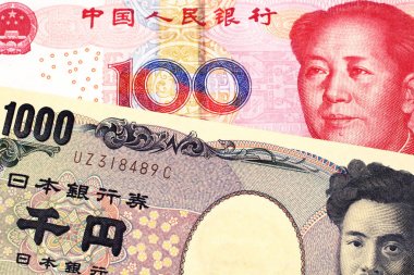Bin Japon yeni banka notu, yüz yuan Çin renminbi banka notu ile makro yakın