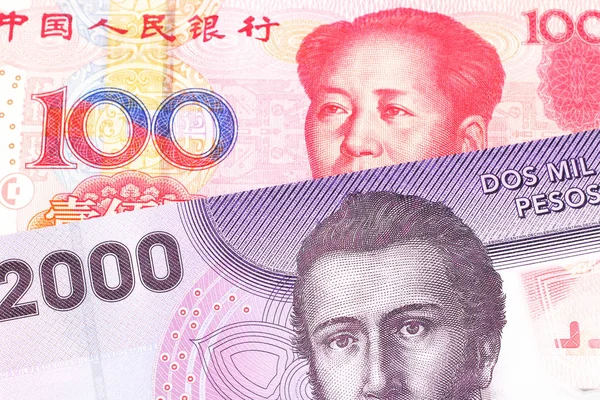 A purple two thousand peso bank note from Chile with a red, Chinese one hundred yuan bank note close up in macro