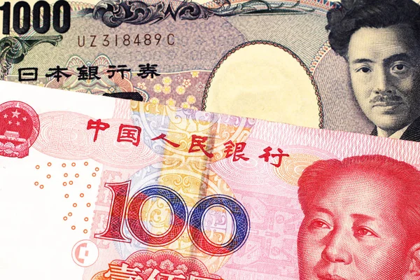 1000 Japanska Yen Bank Note Närbild Makro Med 100 Yuan — Stockfoto