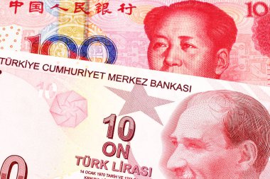 Kırmızı on Türk Lirası faturası kırmızı, Çin yüz yuan notu ile makro yakın 