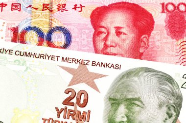 Makro kırmızı yüz Çin renminbi faturası ile kırmızı, sarı ve yeşil yirmi Türk lirası banka banknot yakın bir görüntü