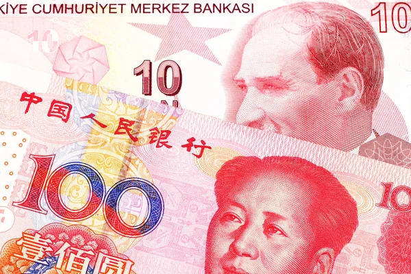 Billet Rouge Dix Lires Turques Avec Billet Rouge Chinois Cent — Photo