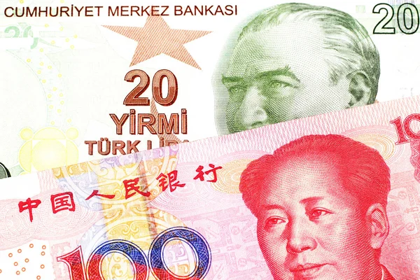 Blízká Podoba Červeného Žlutého Zeleného Lístku Turecké Liry Červeným 100 — Stock fotografie
