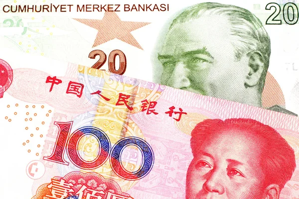 緑の20トルコリラ紙幣のクローズアップ画像とマクロで赤100中国人民元紙幣 — ストック写真