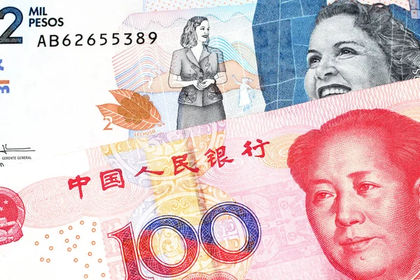 A red, Chinese one hundred yuan renminbi bank note with a blue two thousand peso note from Colombia close up in macro