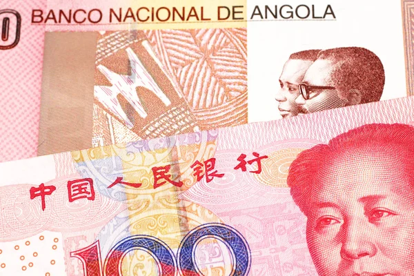 Colorful Ten Kwanza Bill Angola Red Chinese 100 Yuan Bank — Stock Photo, Image