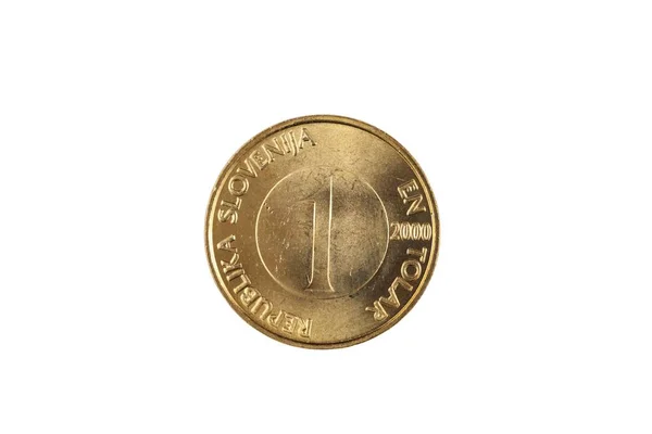 Een Gouden Sloveense One Tolar Coin Opgenomen Close Macro Geïsoleerd — Stockfoto
