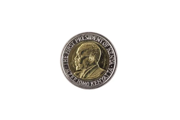 Una Moneta Bimettalica Cinque Scellini Kenioti Isolata Fondo Bianco Scattata — Foto Stock