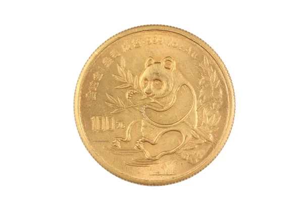 一个黄金的特写图像 中国一盎司硬币孤立在白色背景 在宏中拍摄特写 — 图库照片