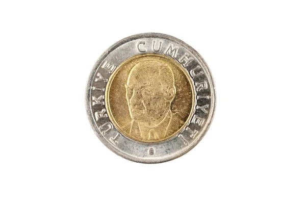 Una Moneta Bimettalica Turca Una Lira Isolata Fondo Bianco Scattata — Foto Stock