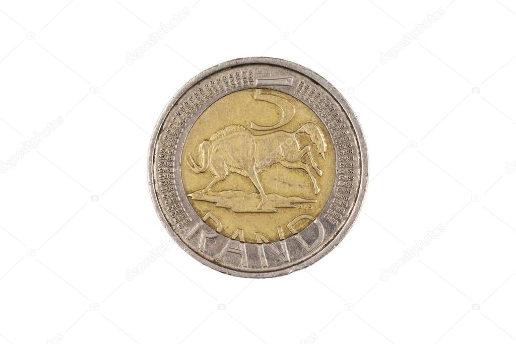A close up image of a bimettalic, South African five rand coin isolated on a white background in macro