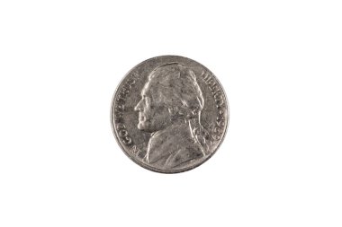 An American five cent nickel, close up in macro, against a clean, white background clipart