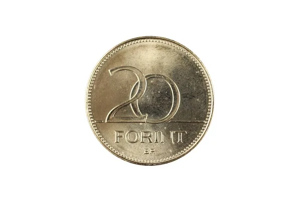 一个匈牙利20福林硬币 拍摄在宏观特写 在白色背景 — 图库照片