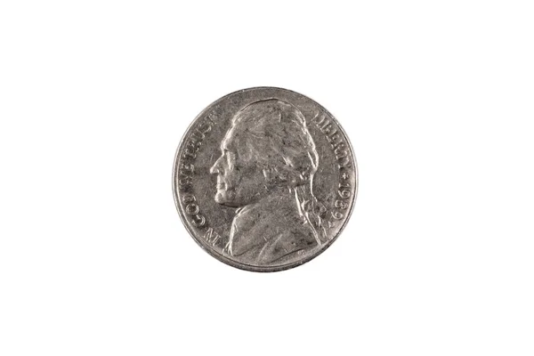 Fem Cent För Amerikanen Nickel Närbild Macro Mot Ren Vit — Stockfoto