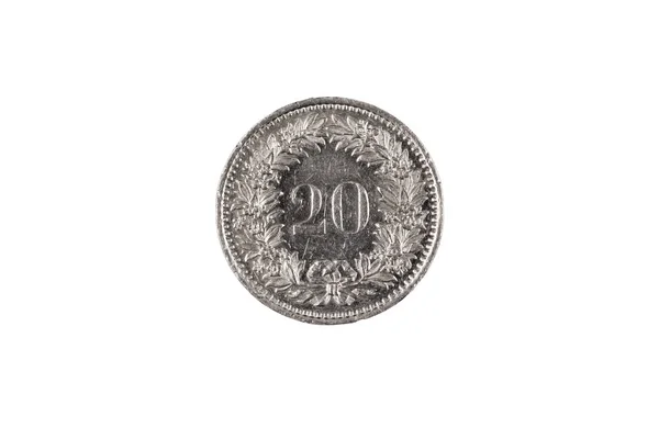 Close Image Swiss Twenty Centimes Coin Isolated White Background Shot — Stock Photo, Image