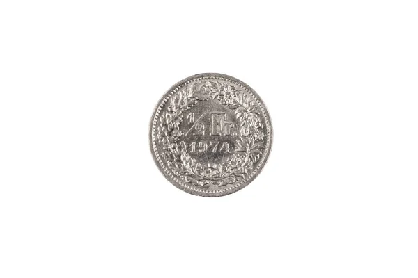 Bliska Wizerunek Szwajcarskiej Monety Pół Franka Izolowane Białym Tle Strzał — Zdjęcie stockowe